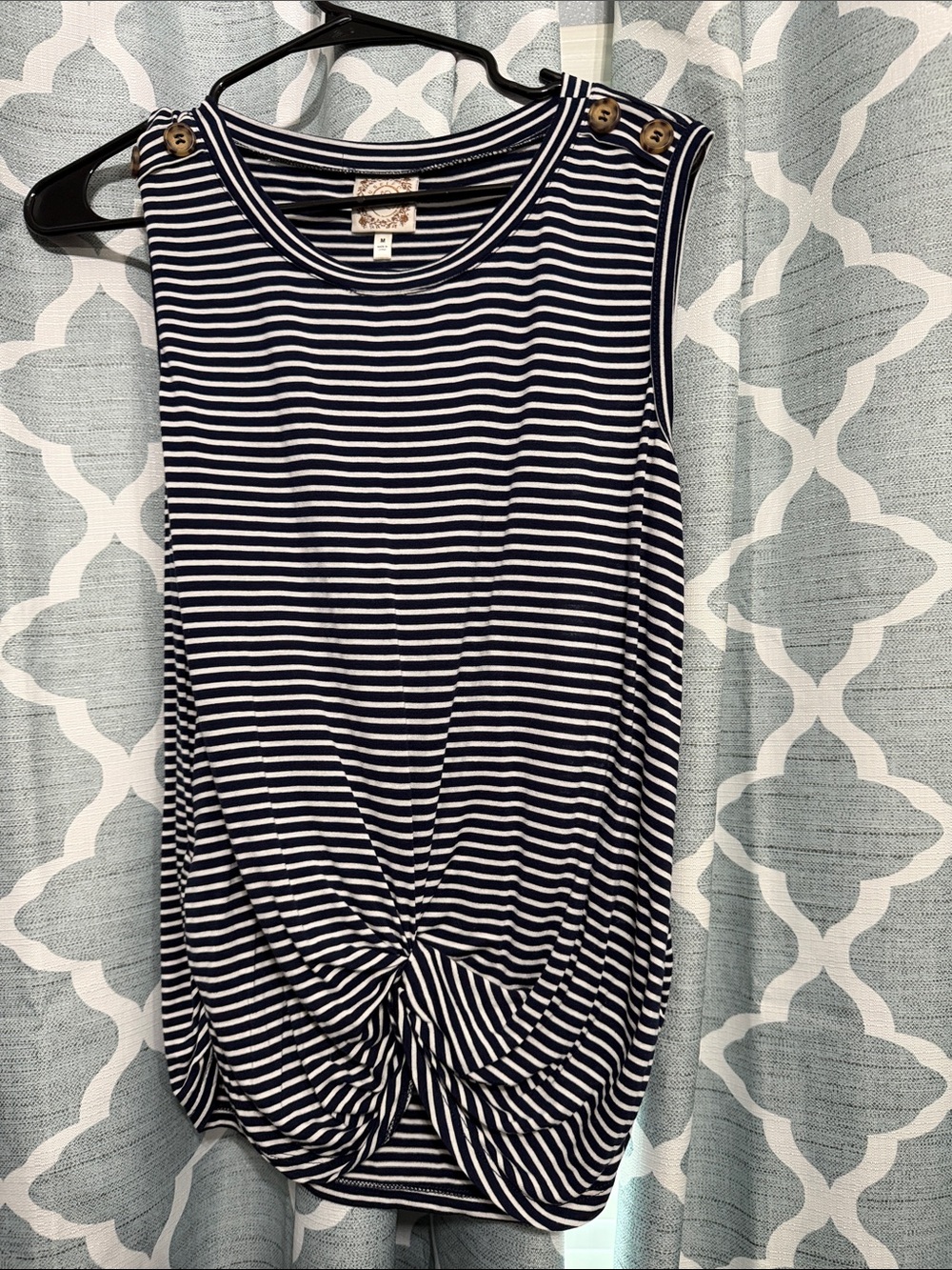 Striped Navy and White Knot-Front Tank Top with Button-Shoulder Detail